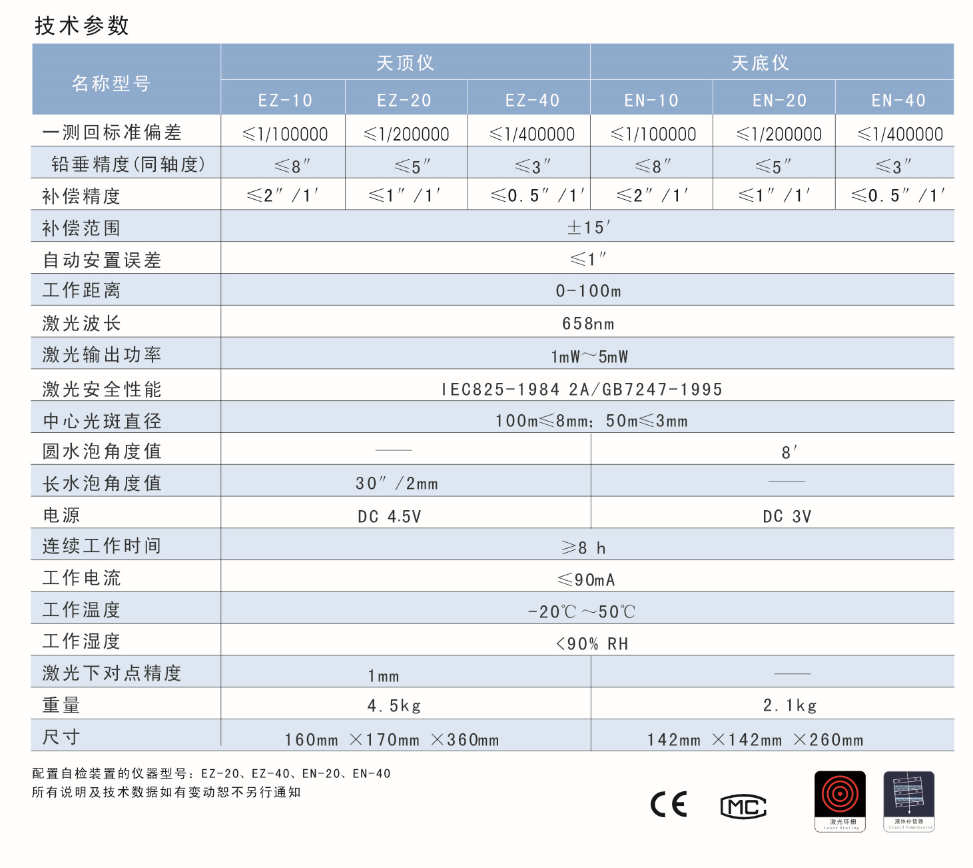 EZ-10、EZ-20、EZ-40激光自動(dòng)安平天頂儀/上垂準(zhǔn)儀技術(shù)參數(shù)